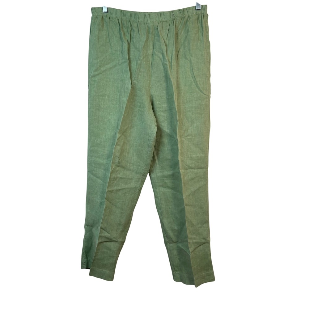 Hot Cotton Marc Ware Sage Green 100% Linen Elastic Waist Straight Leg Pants L‎
